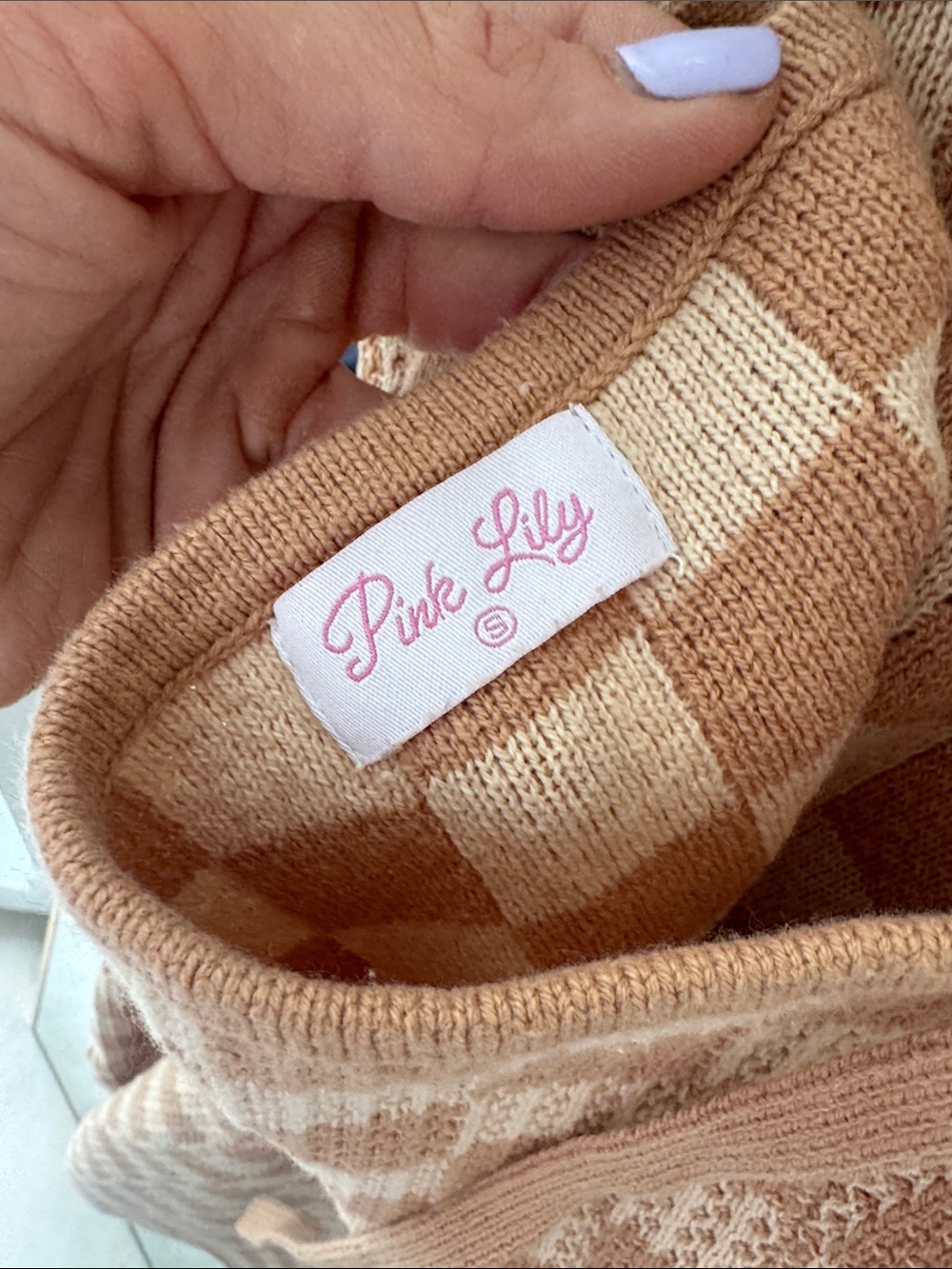 Pink Lily Tan Checkered Knit Mini Dress - Picture 3 of 5